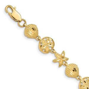14k Yellow Gold Starfish, Shell, Sand Dollar Beach Bracelet - 7 Inch